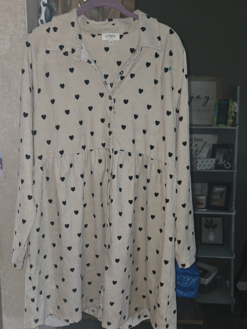 Umgee Beige Tunic Dress with Black Heart Print